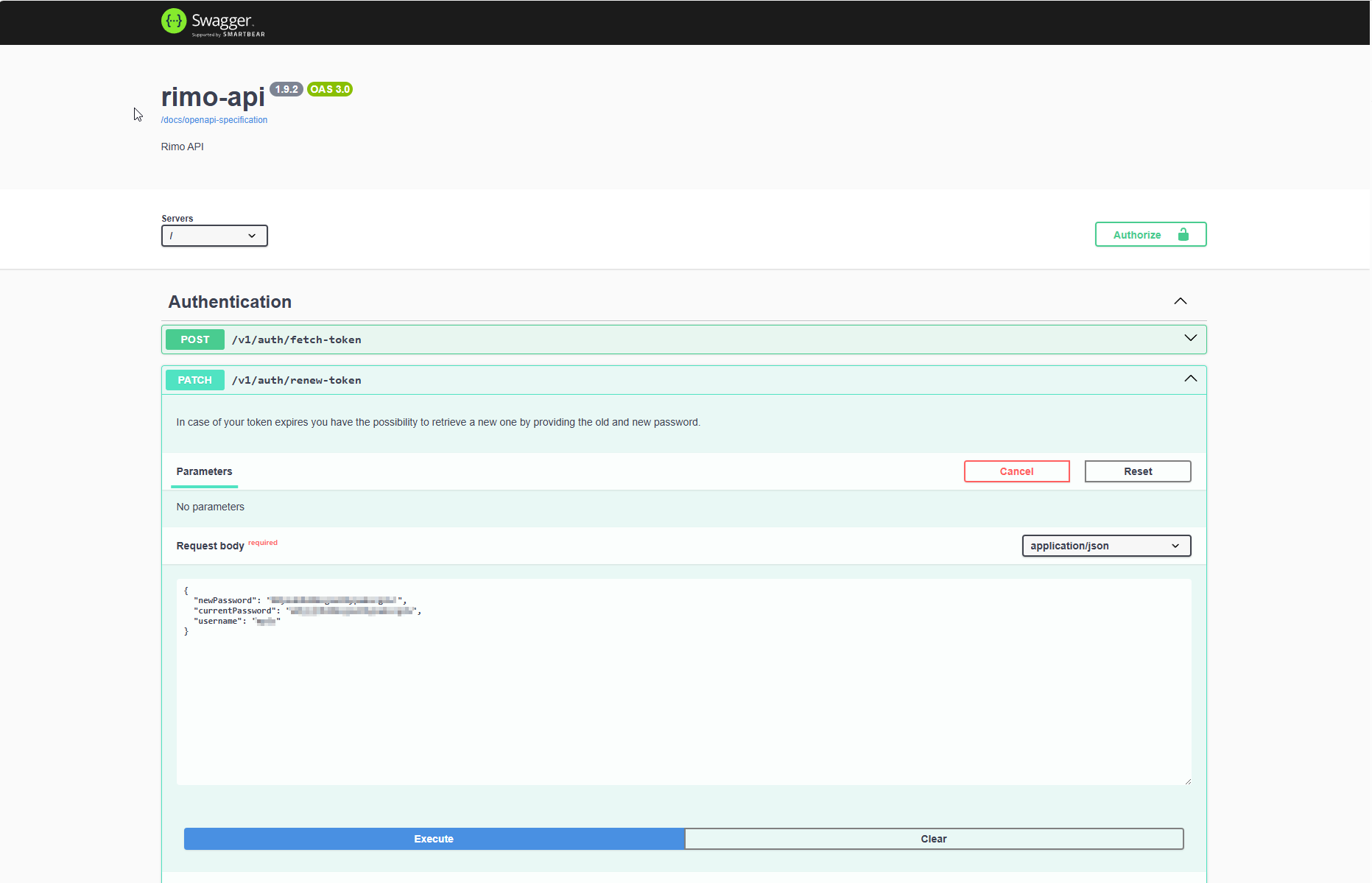 Rimo-API Swagger renew-token Passwort ändern