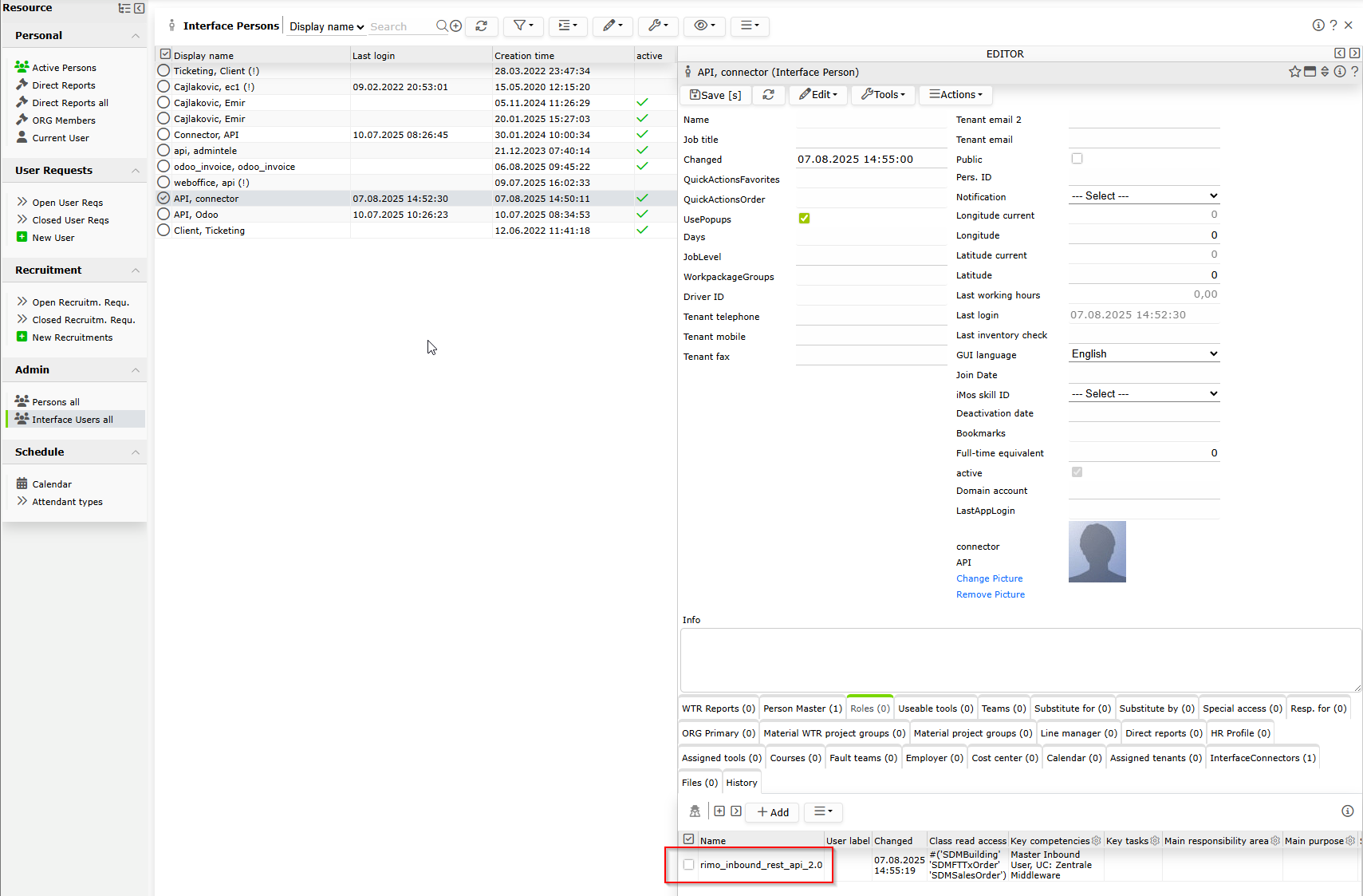 Rimo Interface-Person API connector mit Connection