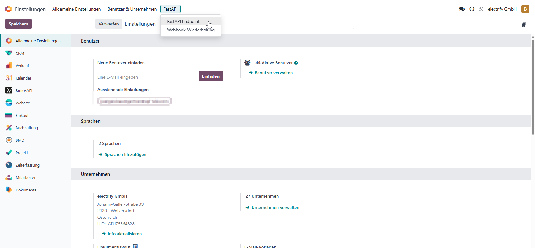 Odoo Einstellungen FastAPI FastAPI Endpoints