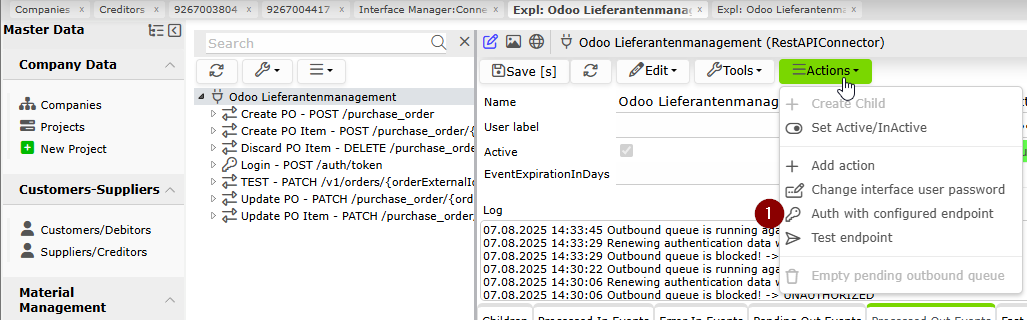 Rimo Connector Odoo Lieferantenmanagement Menü Actions Test endpoint