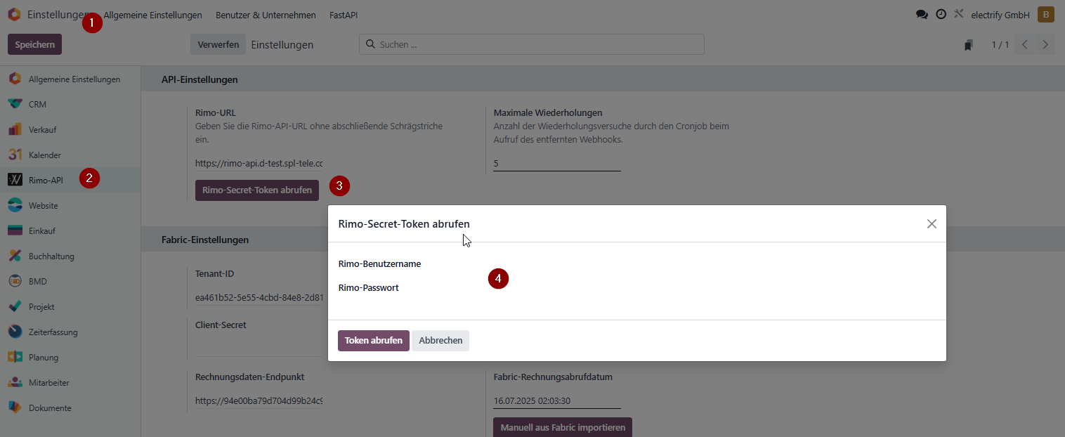 Odoo Dialog Rimo-Secret-Token abrufen Benutzername und Passwort