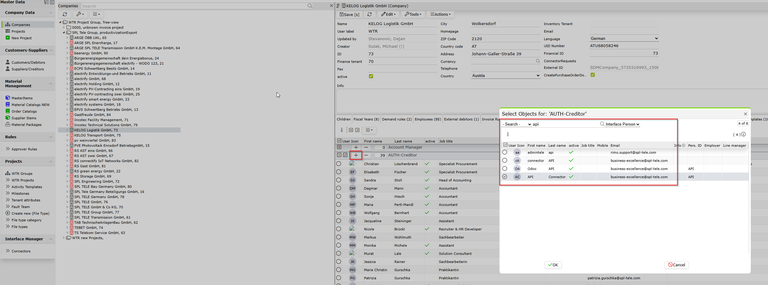 Rimo Dialog Select Objects for AUTH-Creditor