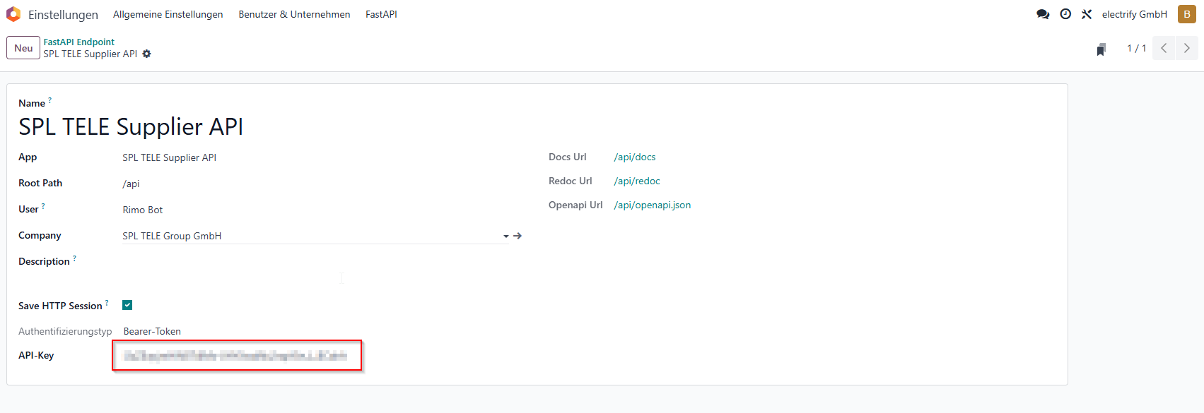 Odoo FastAPI Endpoint-Detail mit API-Key Bearer-Token