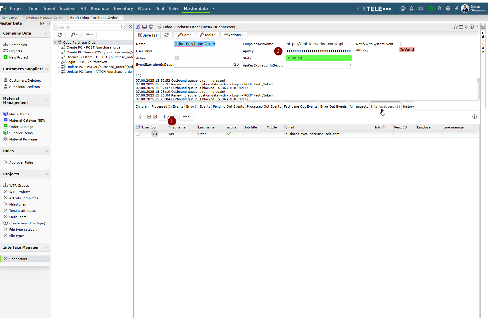 Rimo Connector Odoo Purchase Order InterfaceUser und ApiKey