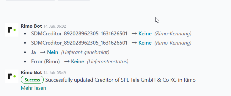 Chatter Rimo Bot Erfolgsmeldung