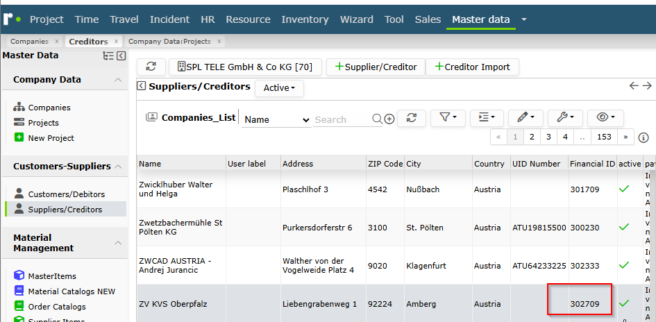 Rimo Kreditorenliste mit Financial ID 302709