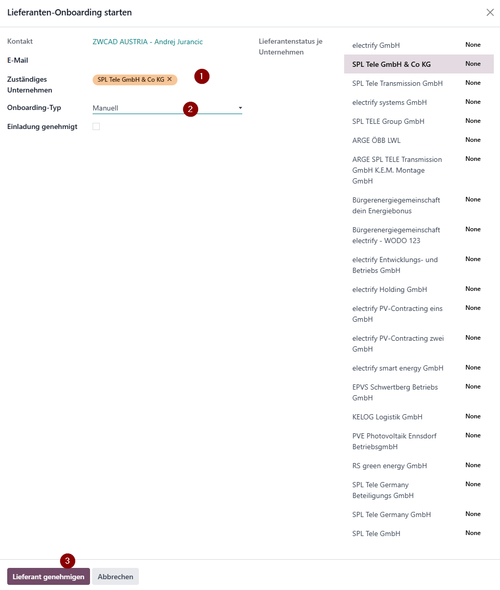 Odoo Dialog Onboarding starten 1 2 3