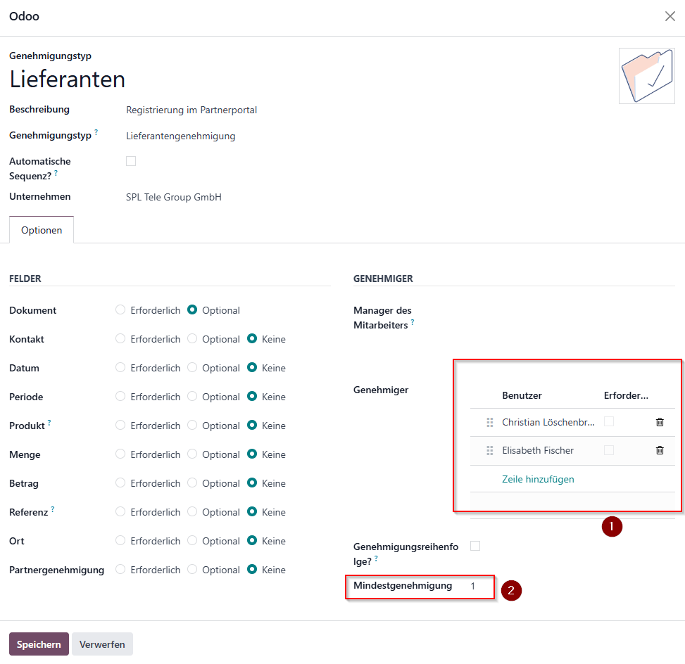 Odoo Genehmigungstyp Lieferanten