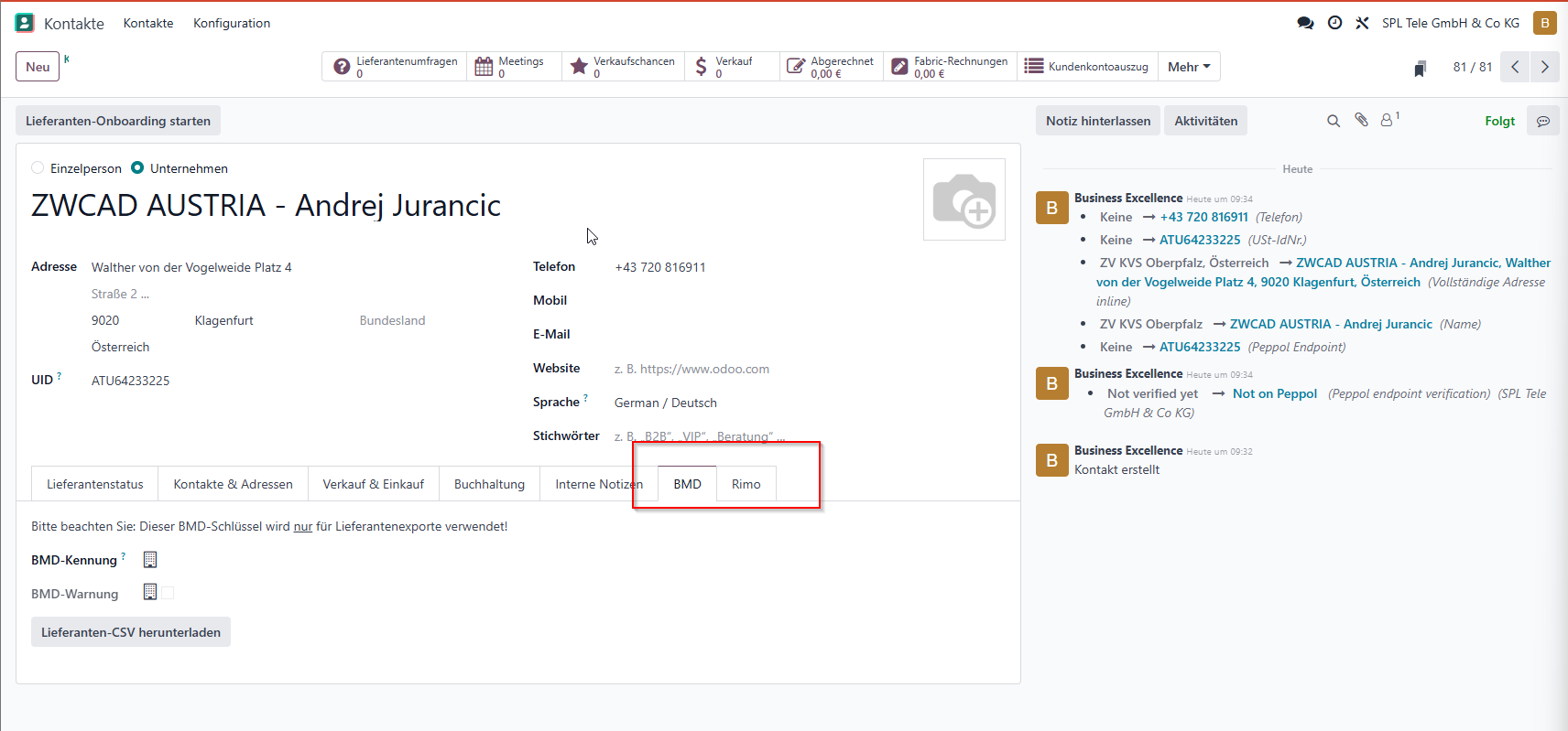 Odoo Karte mit Reitern BMD Rimo und Chatter