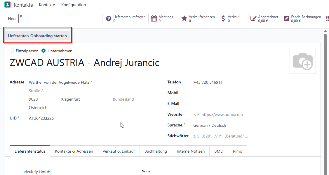 Odoo Lieferanten-Karte vor dem Onboarding