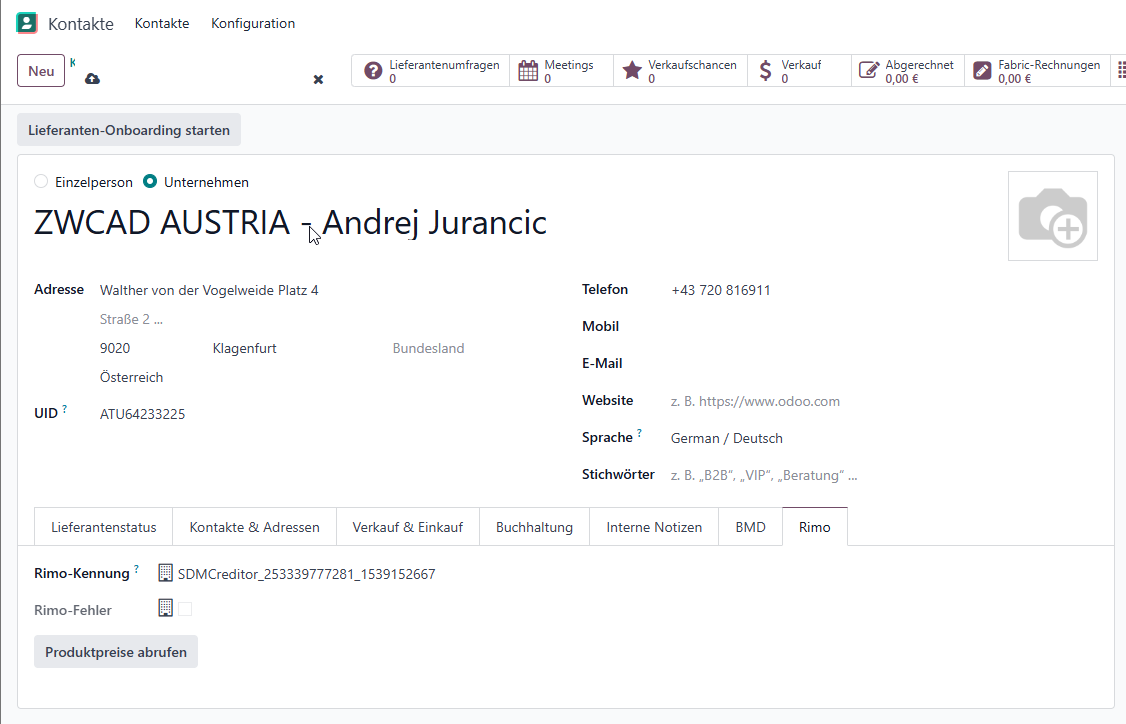Odoo Reiter Rimo mit Rimo-Kennung