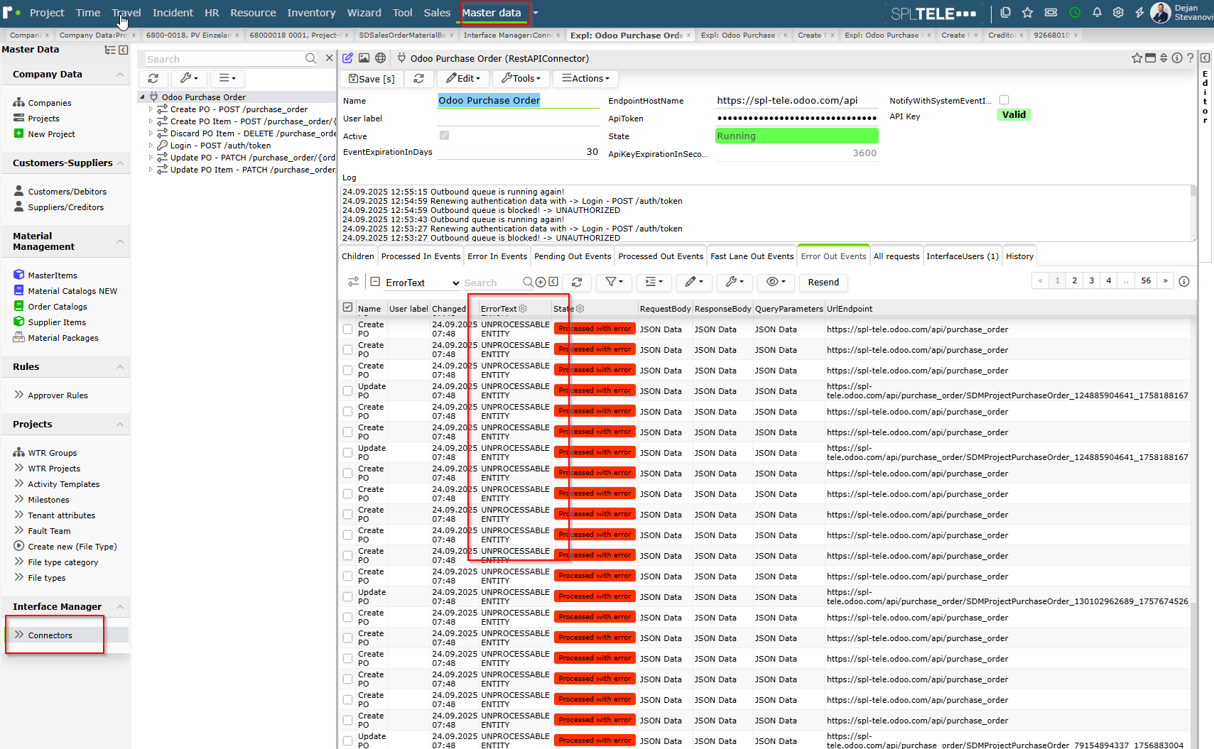Rimo Connector Odoo Purchase Order Konfiguration und Log
