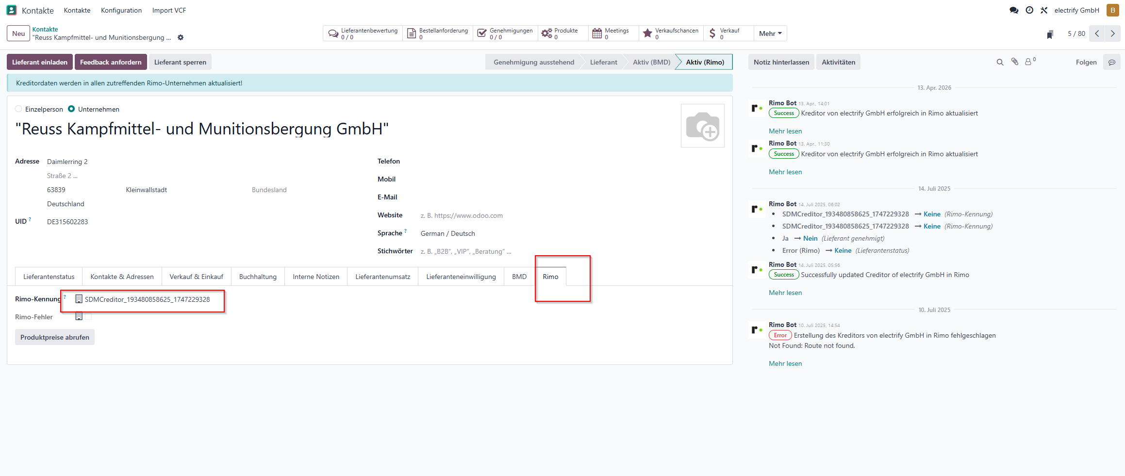 Odoo: Reiter Rimo Odoo Reiter Rimo mit eingetragener Rimo-Kennung SDMCreditor