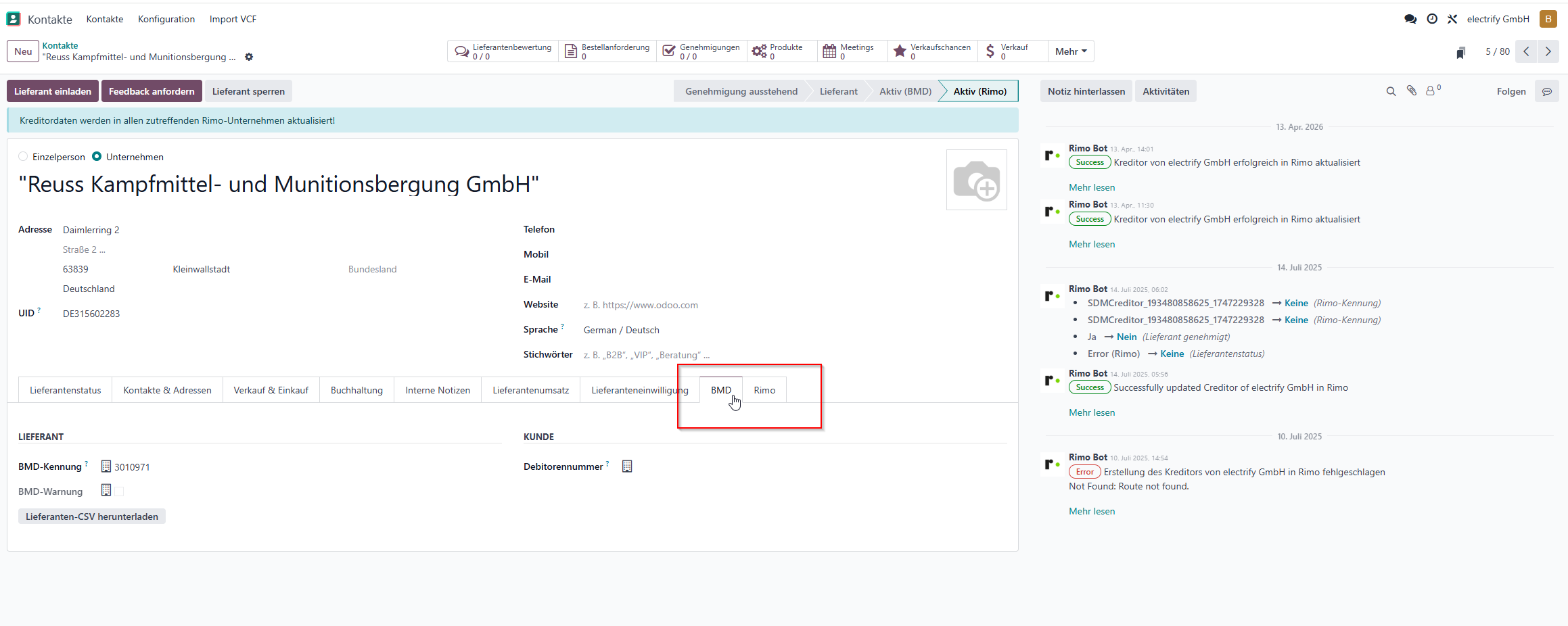 Odoo: Lieferanten-Karte Odoo Lieferanten-Karte mit Reitern BMD und Rimo, Chatter mit Rimo-Bot-Meldungen